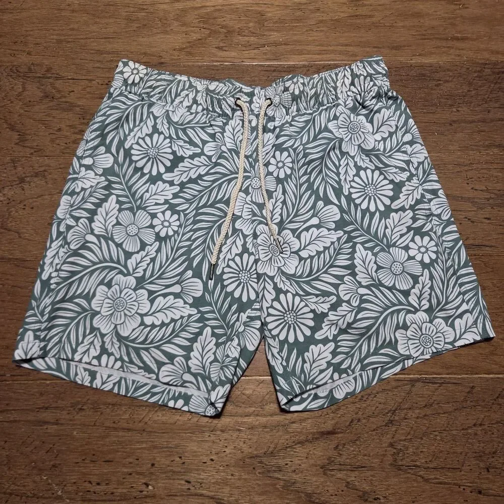 Fair Harbor Swim Shorts Mens Medium Green Floral Trunks Lined Quick Dry Beach